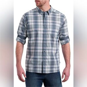 KUHL Blue Gray Plaid Snap Button-Up Shirt w/built-in Sunglasses cleaner cloth